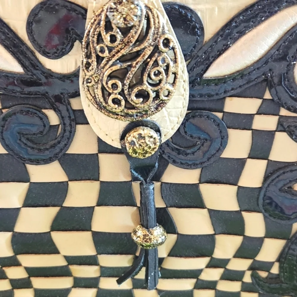 YVETTE FLORO Eclectic ART DECO Checkerboard Black Patent Woven Cream   Handbag - Picture 4 of 7